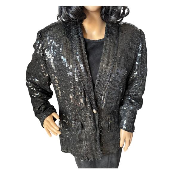 American Vtg Black Silk Sequined Formal Occasion one button Blazer coat medium - Picture 16 of 17